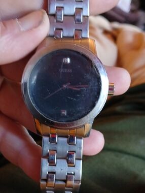 Guess Silver Steel Bracelet Watch with Black Dial and Red Seconds Hand